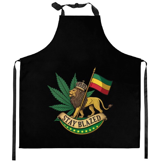 Stay Blazed Lion of Judah Rasta Flag & Weed Leaf Kitchen Aprons