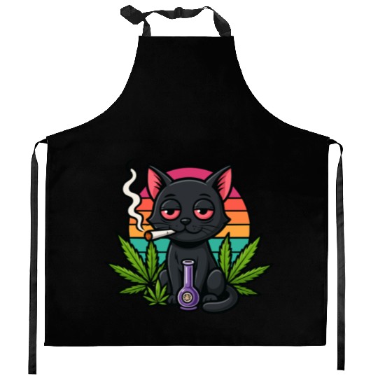 Cute Cat Smoking Weed Kitchen Aprons