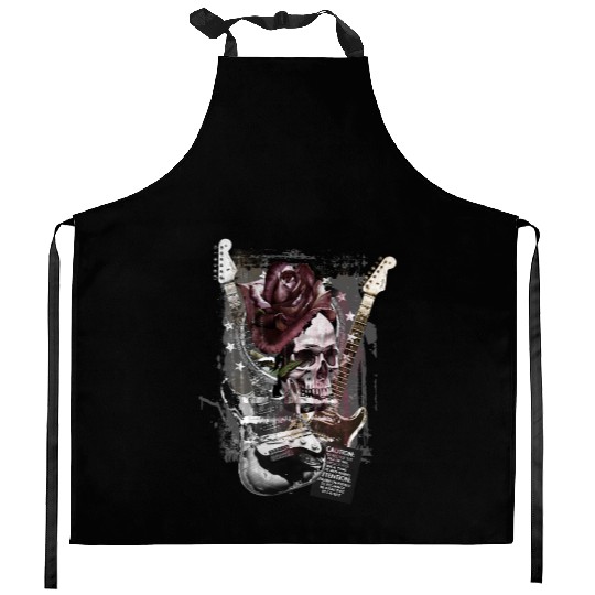 Red Rose Skull Guitars Kitchen Aprons