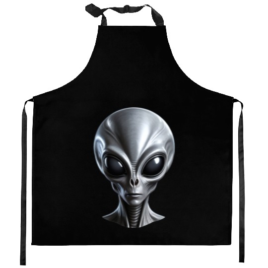 Real Grey Alien with a big head Kitchen Aprons