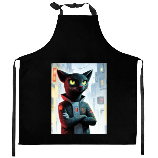Cyberpunk Cat Boss – Futuristic Feline Art Kitchen Aprons