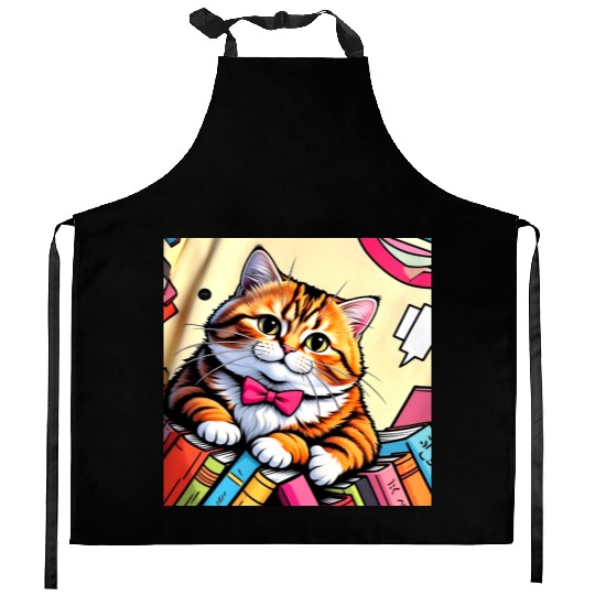 "Charming Cat in a Bow Tie – A Whiskered Bookworm Kitchen Aprons