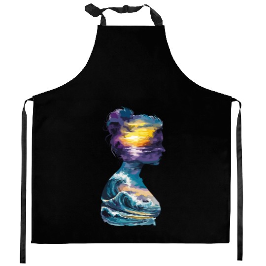 Sunset and Ocean Waves Silhouette Art for Nature Kitchen Aprons