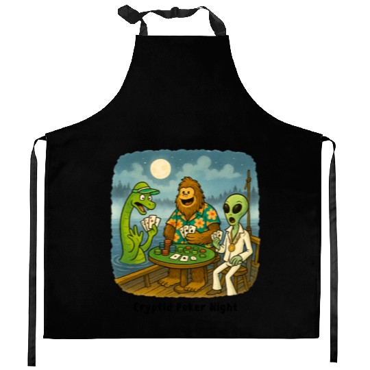 Bigfoot, Nessie and an Alien Play Poker - Cryptid Kitchen Aprons