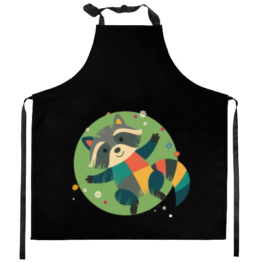 colorful raccoon lies relaxed in the green grass Kitchen Aprons