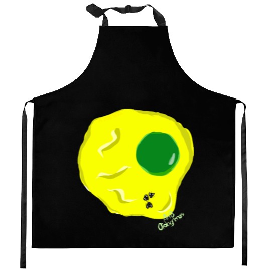 Yellow and green fried egg and flies Kitchen Aprons