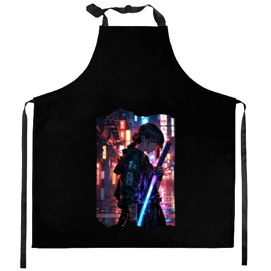 Cyberpunk Samurai Girl Kitchen Aprons