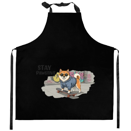 Stay Pawstive – Cool Shiba Inu Skateboard Dog Kitchen Aprons