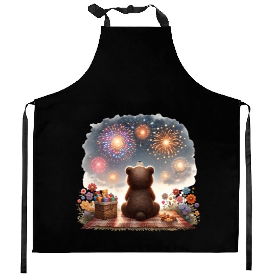Fireworks Picnic Bear – Night Sky Celebration View Kitchen Aprons