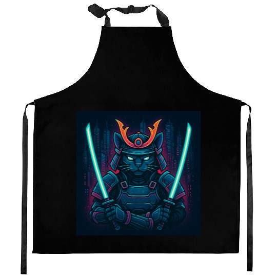 A futuristic samurai cat in neon armor with glo Kitchen Aprons