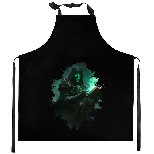 Dark Necromancer Casting Green Mystic Energy Spell Kitchen Aprons