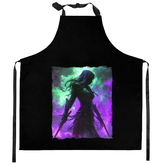 Mystical Assassin Woman In Violet Fog Fantasy Kitchen Aprons