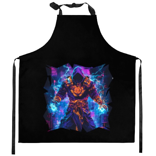 Bright Magician With Energy Aura In Neon Colors Kitchen Aprons