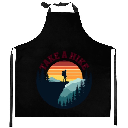 Take A Hike - Vintage Sunset Mountain Silhouette Kitchen Aprons