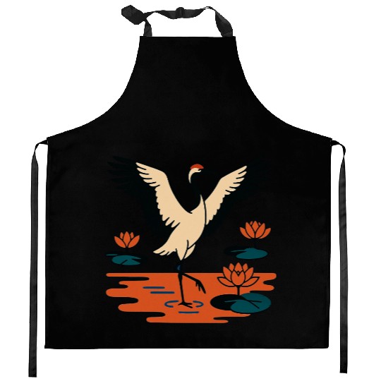 Serene Crane & Lotus Design Kitchen Aprons