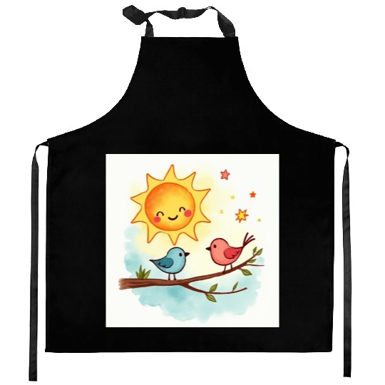 Cheerful Sun and Heart Illustration Kitchen Aprons