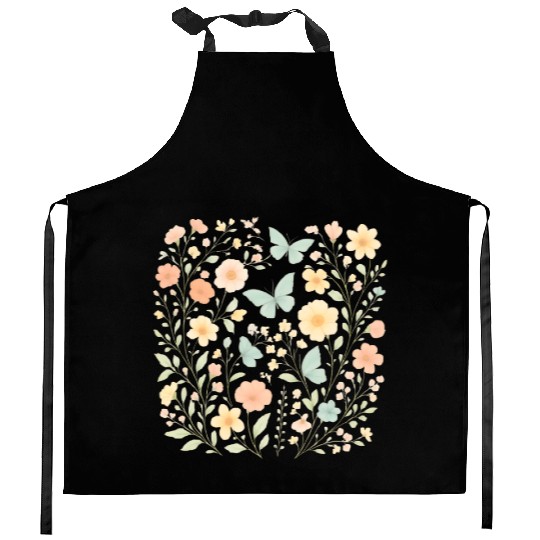 Pastel Floral and Butterfly Nature Scene Kitchen Aprons