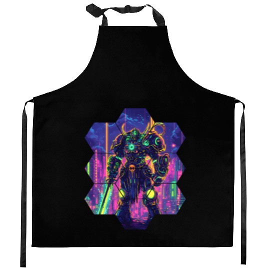 Bright Sci Fi Warrior In Neon Colors Kitchen Aprons