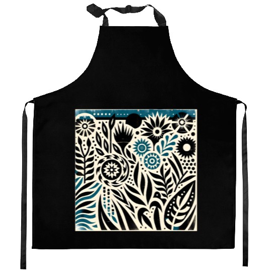 Teal & Black Floral Pattern Kitchen Aprons