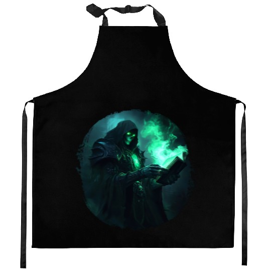 Green Shadow Mage with Burning Spell Book Kitchen Aprons