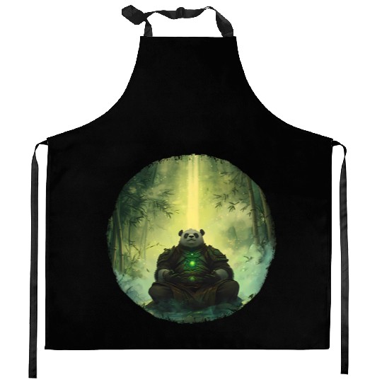 Meditating Panda Monk in a Glowing Bamboo Grove Kitchen Aprons
