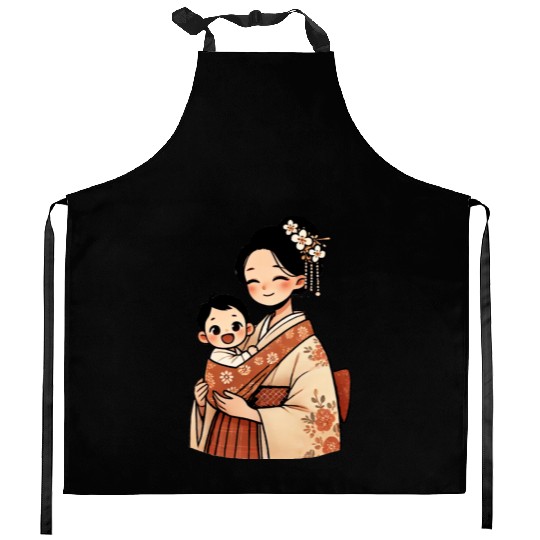 Elegant Asian Woman in Kimono Holding Baby Kitchen Aprons