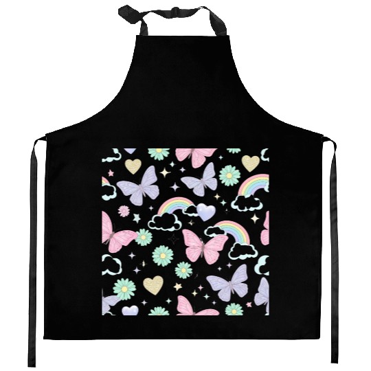 Whimsical Butterfly Garden & Stars Pattern Kitchen Aprons