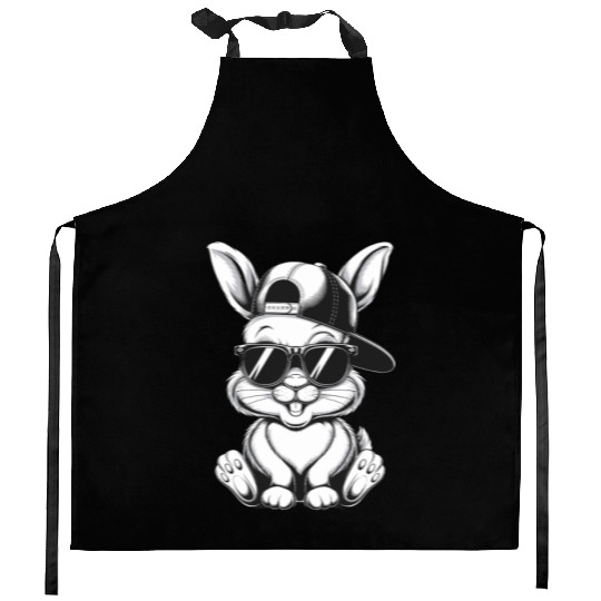 Cool Hip Hop Bunny in Sunglasses and Cap Sketch Kitchen Aprons