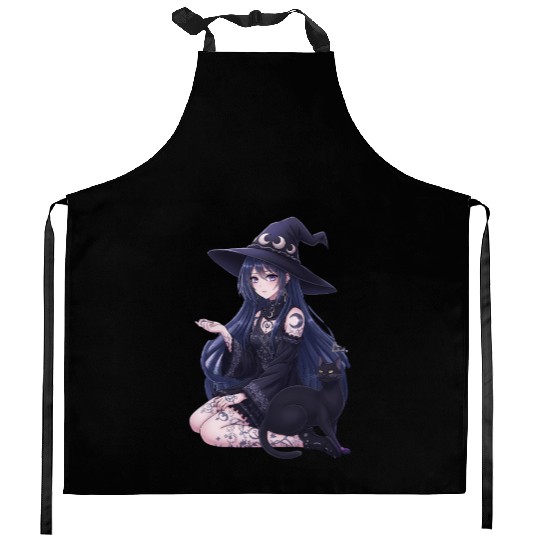 Dark Fantasy Anime Girl & Gothic Black Cat Art Kitchen Aprons