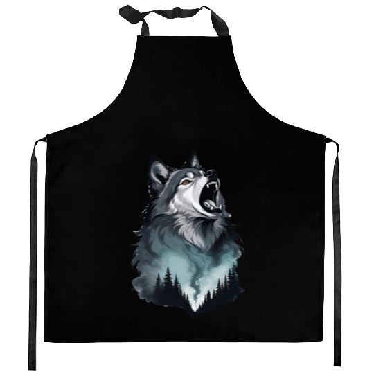 Howling Wolf Under the Northern Sky Kitchen Aprons