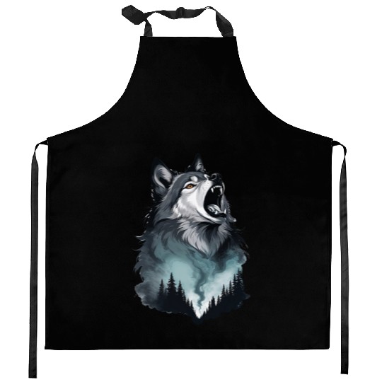 Howling Wolf Under the Northern Sky Kitchen Aprons