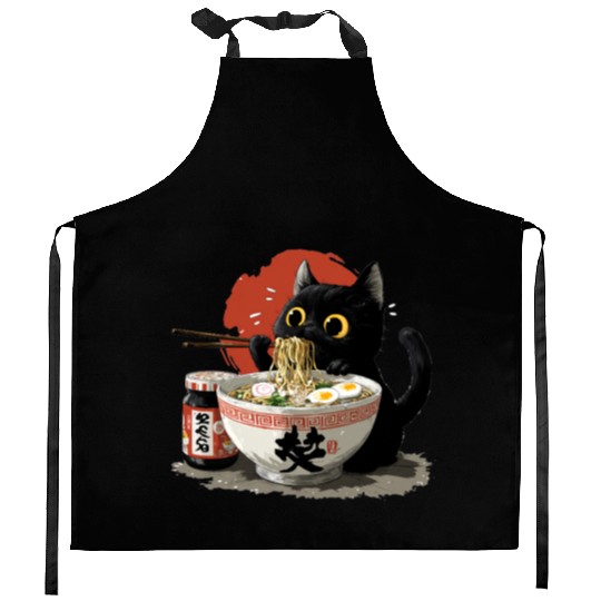 Black Cat Eating Ramen Japanese Funny Cat Kitchen Aprons