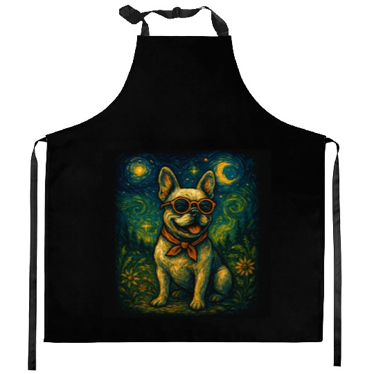 Starry Night Dog Funny Art Style Retro Glasses Pet Kitchen Aprons