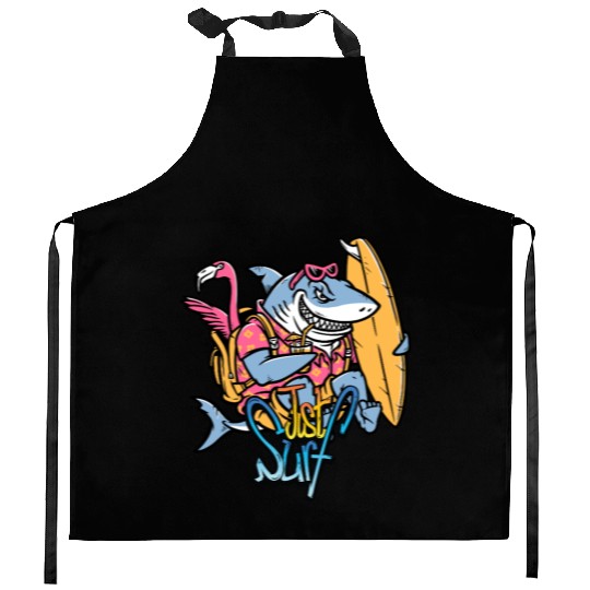 Just Surf – Cool Shark with Surfboard & Flamingo Kitchen Aprons