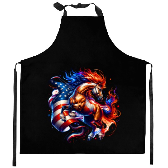 Horse USA Flag 4th of July Kitchen Aprons