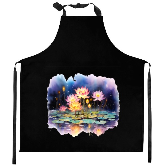 Retro Zen Lotus Firefly Night Kitchen Aprons