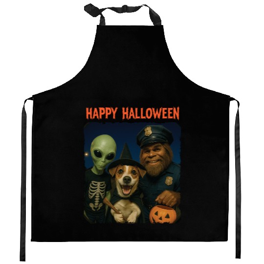 Bigfoot Alien Jack Russell Funny Halloween Trick Kitchen Aprons