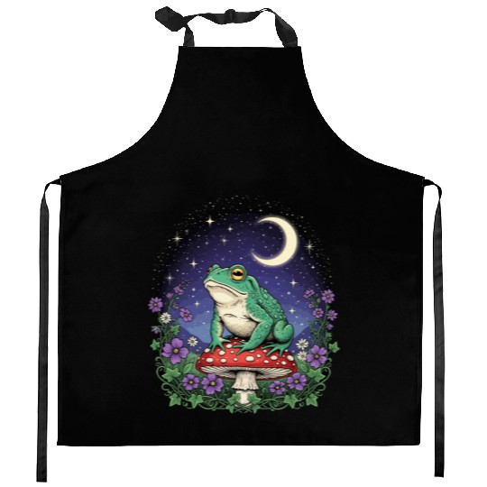 Green Frog on Red Mushroom - Starry Night Kitchen Aprons
