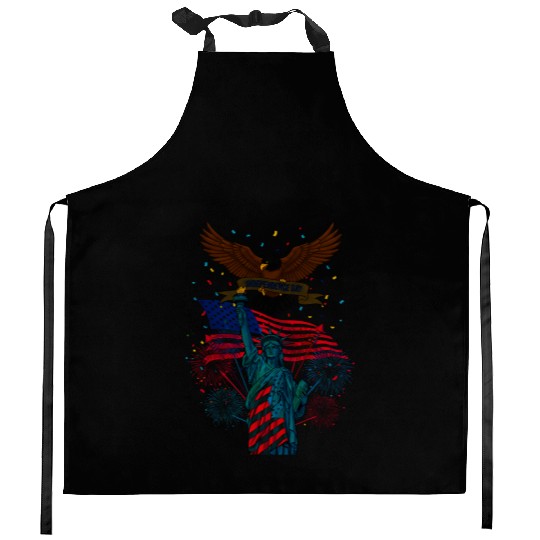 US flag with eagle and statue of liberty Kitchen Aprons