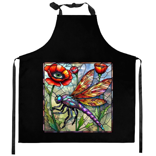 Dragonfly stained glass poppy flower insect eye Kitchen Aprons