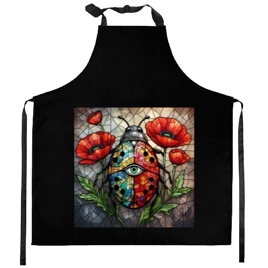 Ladybug stained glass vibrant poppy flower insect Kitchen Aprons