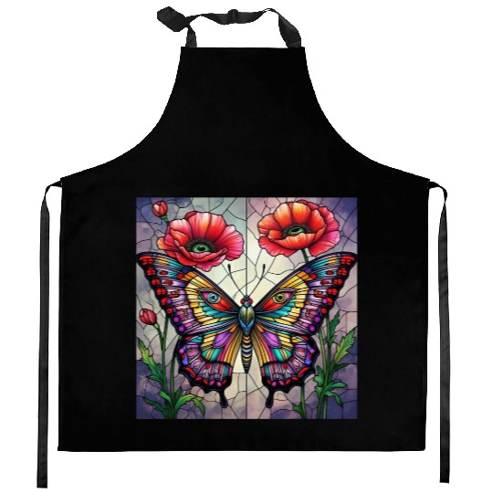 Butterfly stained glass design vibrant poppy Kitchen Aprons