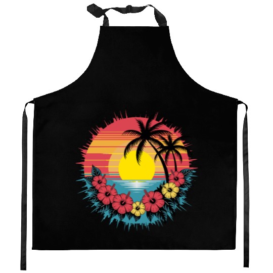 Tropical Sunset Paradise with Hibiscus and Palm Kitchen Aprons