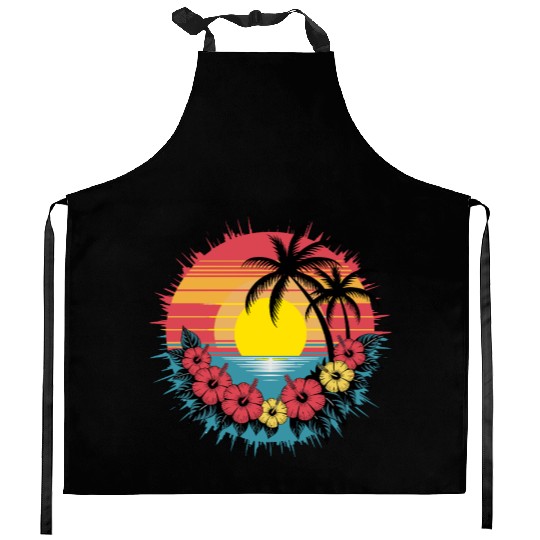 Tropical Sunset Paradise with Hibiscus and Palm Kitchen Aprons