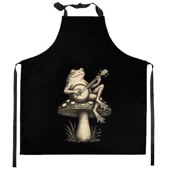 Folk Toadstool Jam | Banjo Frog Cottagecore Art Kitchen Aprons