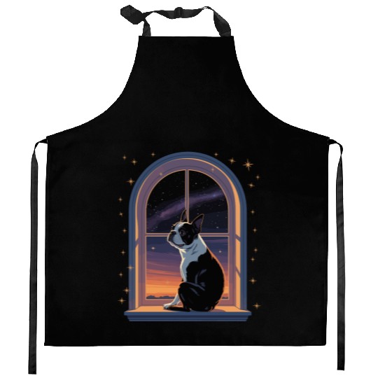 Boston Terrier Star Gazing At Window Kitchen Aprons