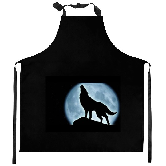 Wolf howling in the moonlight Kitchen Aprons