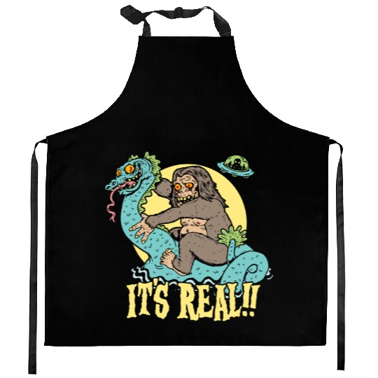 Bigfoot Rides Nessie UFO Cryptid Monster Mayhem Kitchen Aprons