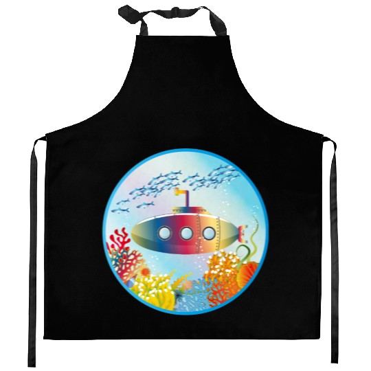 Colorful Submarine in a Tropical Coral Reef Kitchen Aprons