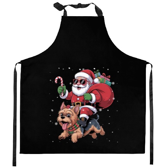 Santa Claus Yorkie Dog Christmas In July Kitchen Aprons